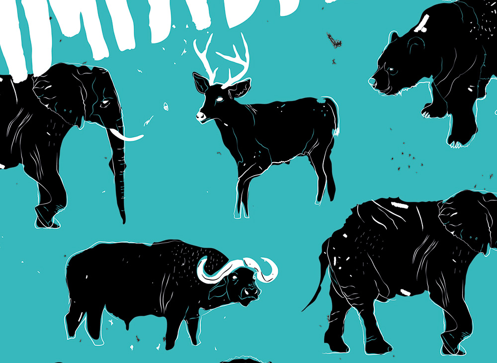Cartel, ilustración, estampidas estampadas, Byron Maher